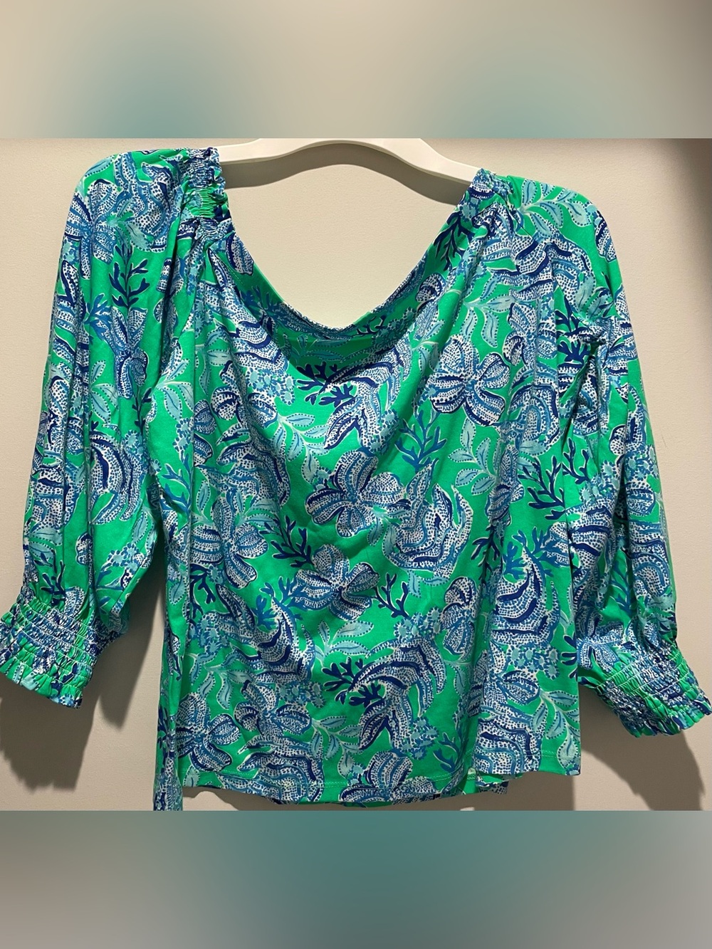 Lilly Pulitzer Women’s Leesa Off-Shoulder Top Cabana Green, Floral, EUC XL - Picture 2 of 5